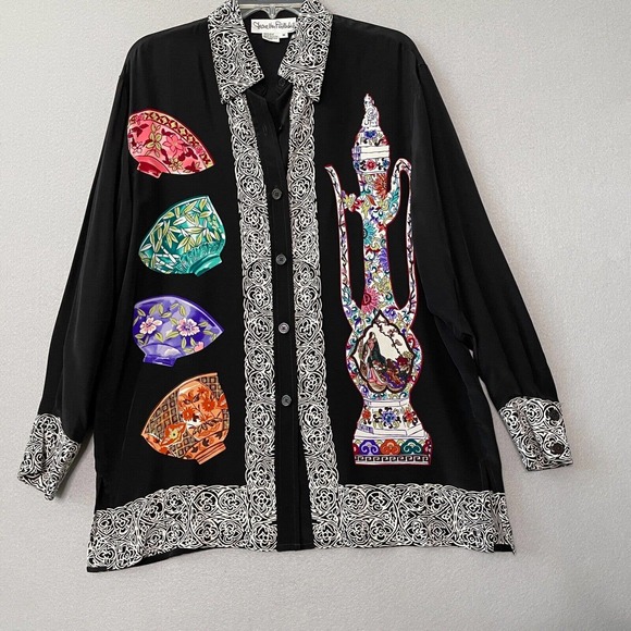 Vintage Diane Von Furstenberg 100% Silk Tea Cup Art‎ To Wear Top - Picture 1 of 8